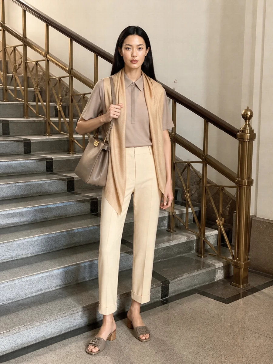 Fendi neutral trousers outfit taupe bag