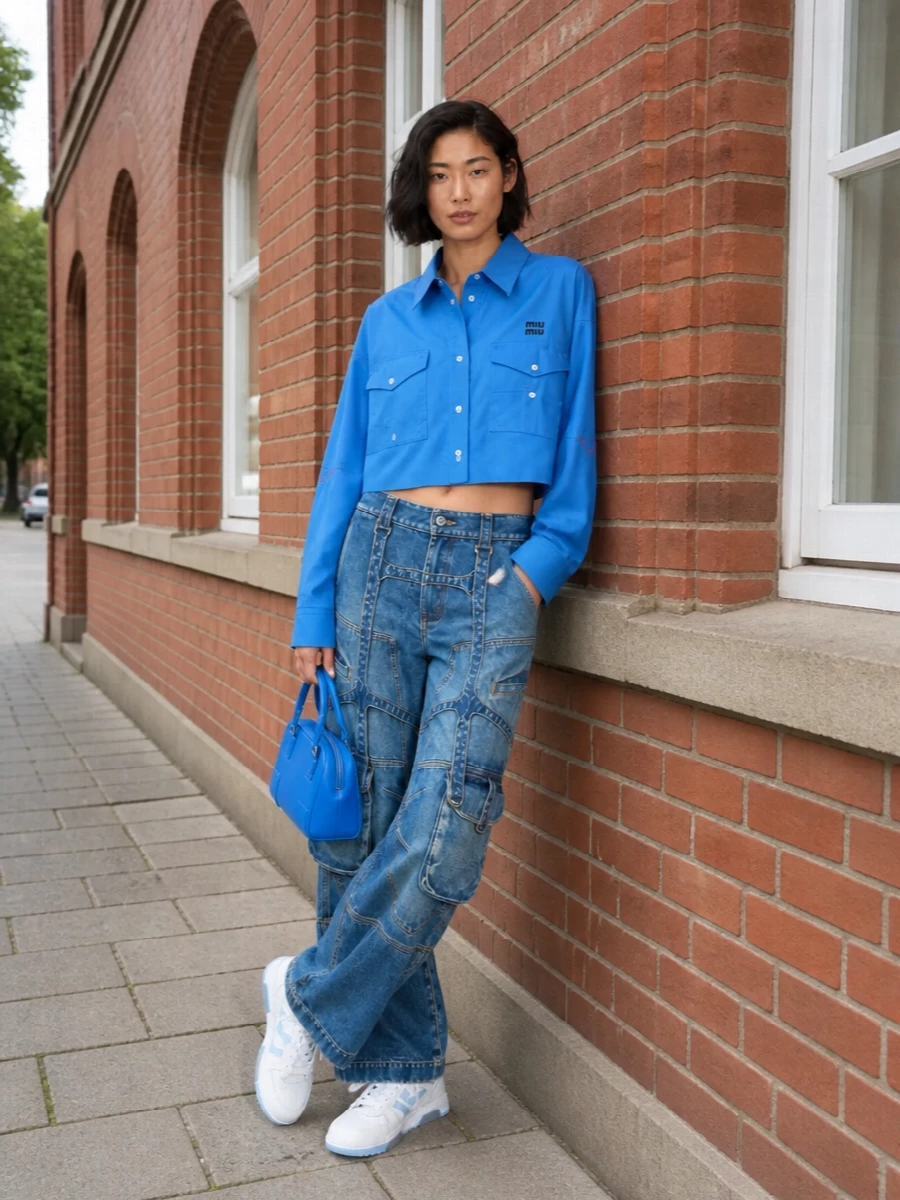 Cobalt utility goes full-city here, pairing the cropped Miu Miu shirt with sculptural Off-White cargo denim for a strong, graphic take on workwear. Powder-blue sneakers keep it agile and off-duty, while the sharp electric-blue mini bag adds a polished hit of color that ties the palette together. The result is directional but still easy to wear from day errands to late gallery openings.