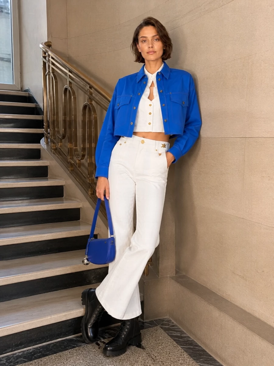 Versace cobalt jacket white flares combat boots