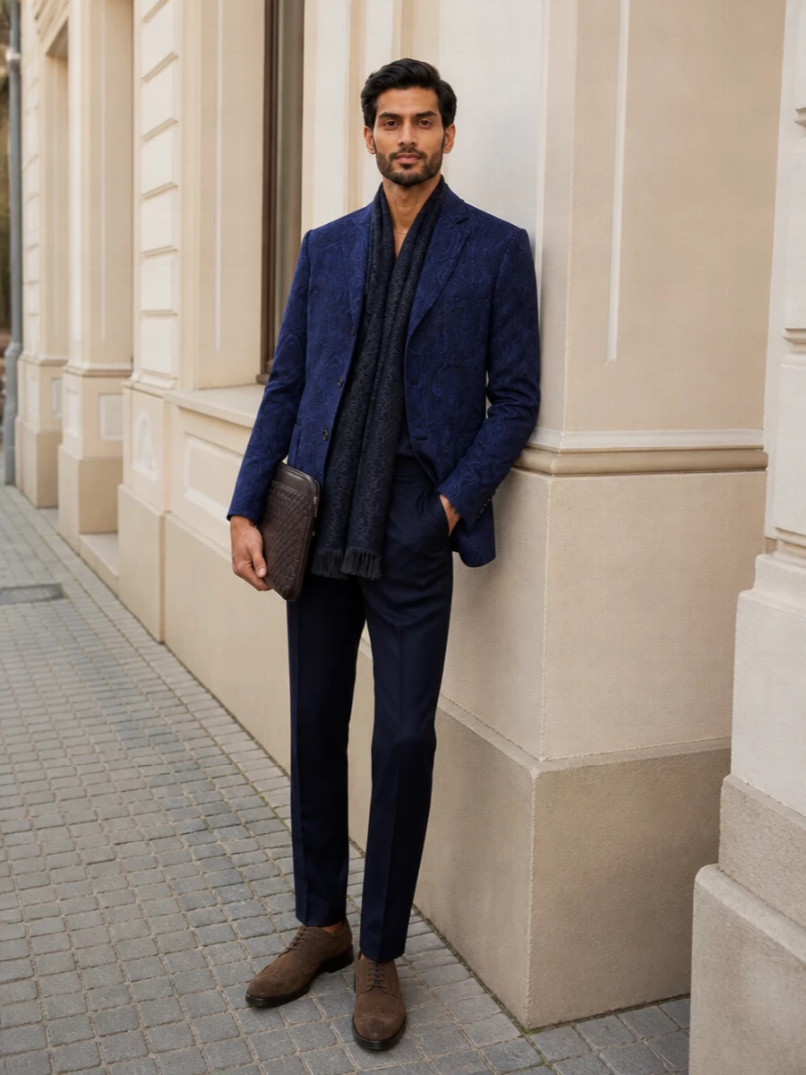 Etro paisley blazer navy trousers suede brogues