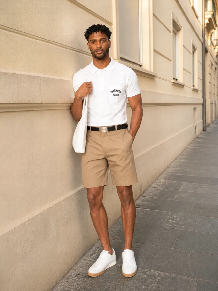 Givenchy polo camel shorts white sneakers outfit