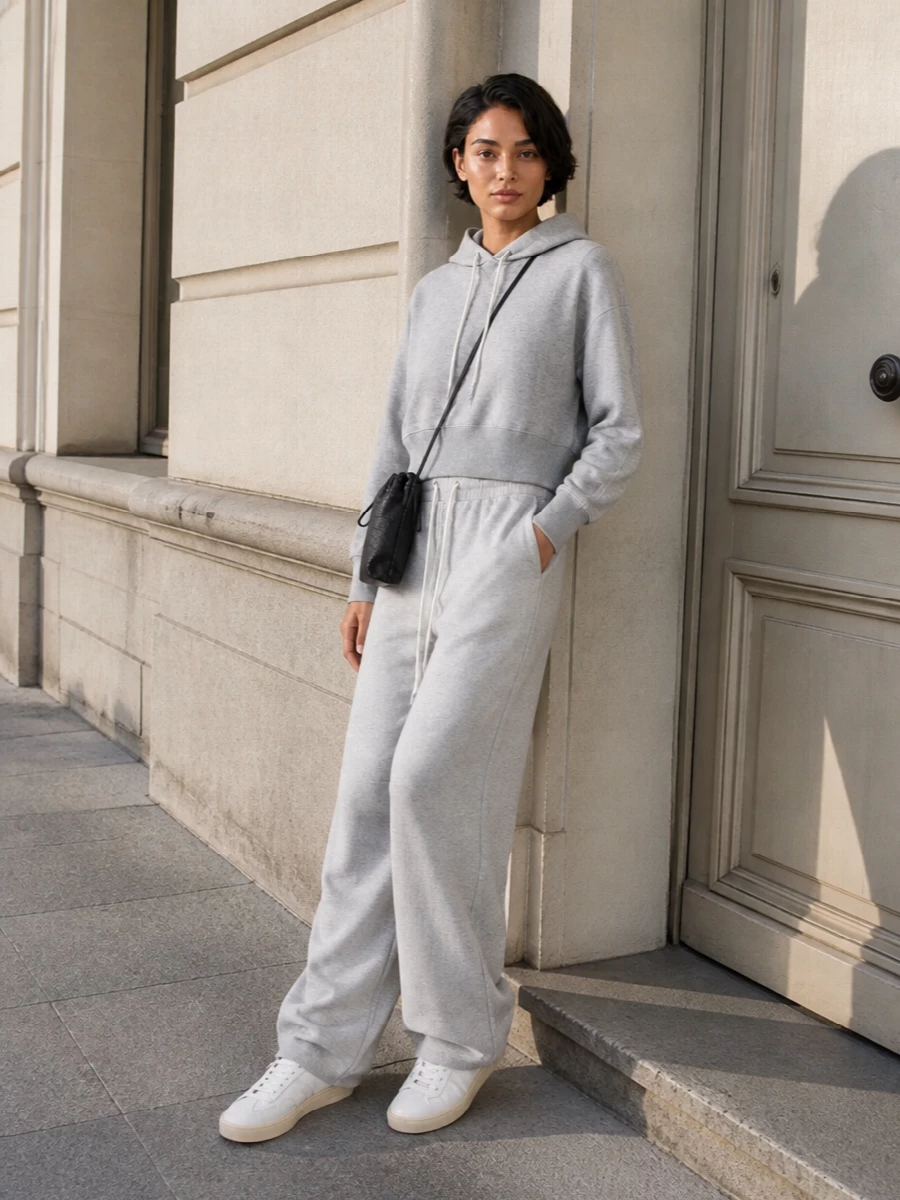 Sacai grey hoodie wide leg sweatpants outfit