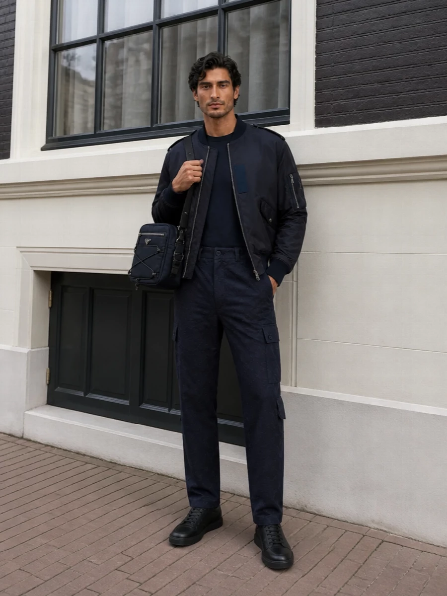 Givenchy navy bomber cargo pants outfit