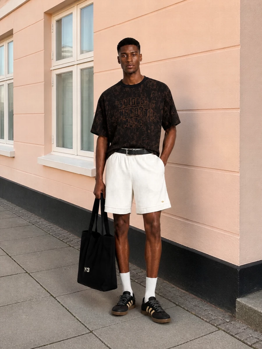 Adidas graphic tee off white shorts black y3 tote