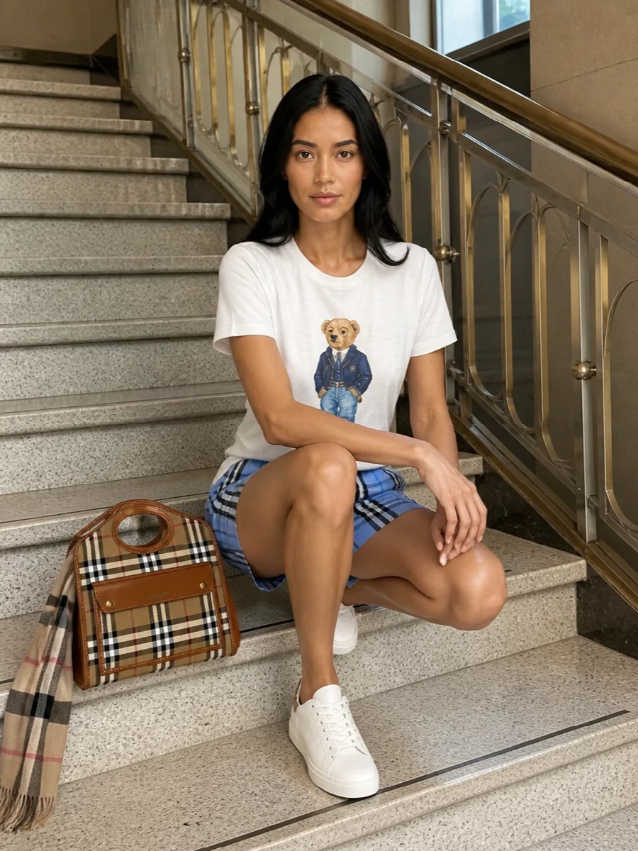 Ralph lauren bear tee burberry check shorts outfit