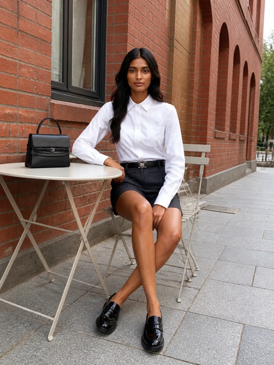 Moschino tailored shorts white shirt outfit