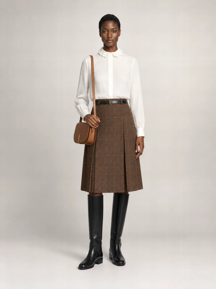 Saint Laurent Checked Wool Cashmere Pleated Midi Skirt