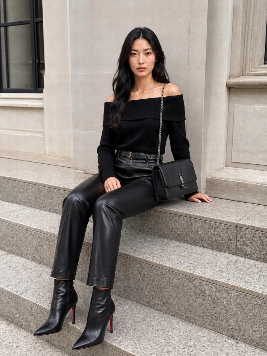 Loulou studio leather trousers off shoulder knit