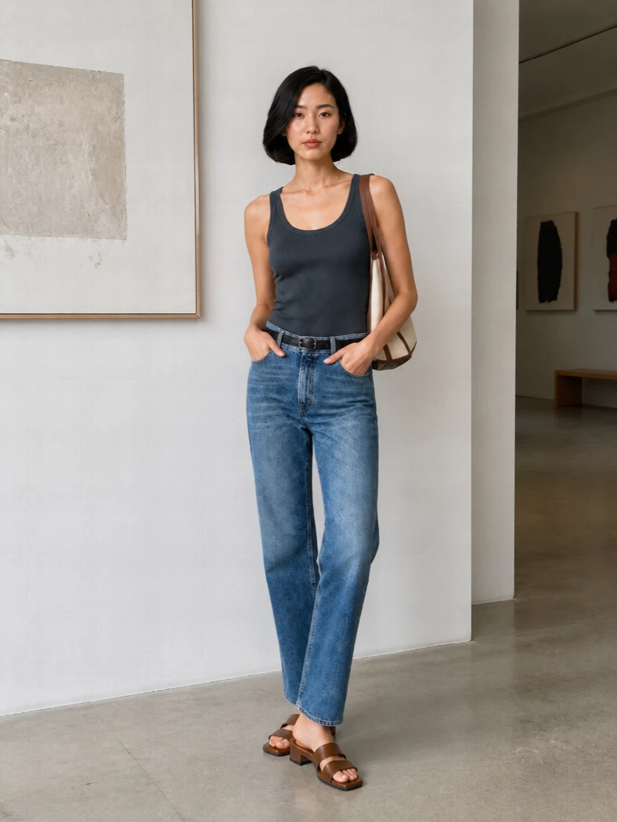 Mid blue Haikure denim meets a charcoal ribbed tank for a clean, lengthening line that still feels easy and off duty. Taupe Aeyde mules and a structured ivory Hereu bag pull the palette into soft neutrals, so the jeans read more refined than casual. A slim black belt adds just enough definition at the waist to keep the straight leg feeling intentional rather than relaxed by accident.