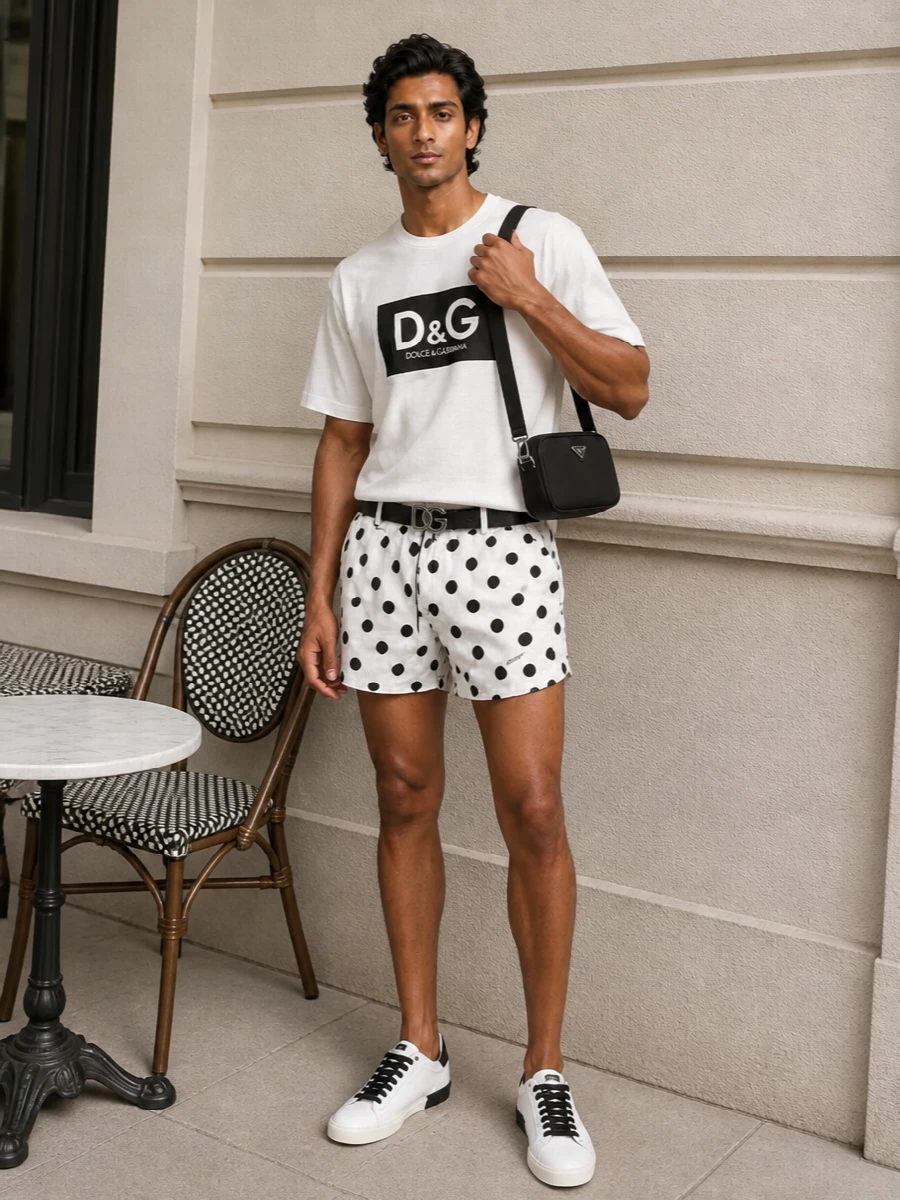 Dolce gabbana logo tee polka dot shorts outfit
