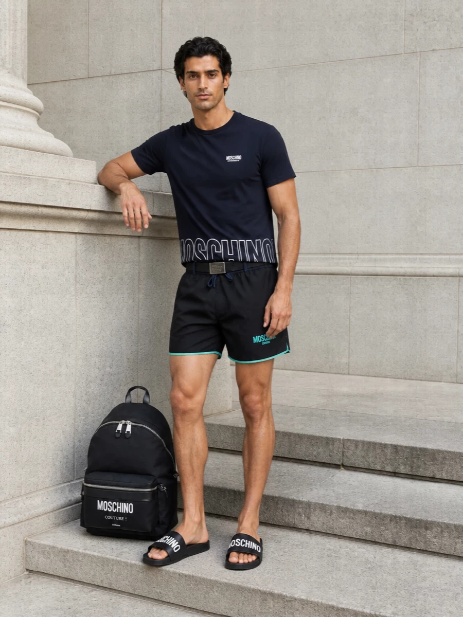 Moschino swim shorts navy logo tee outfit
