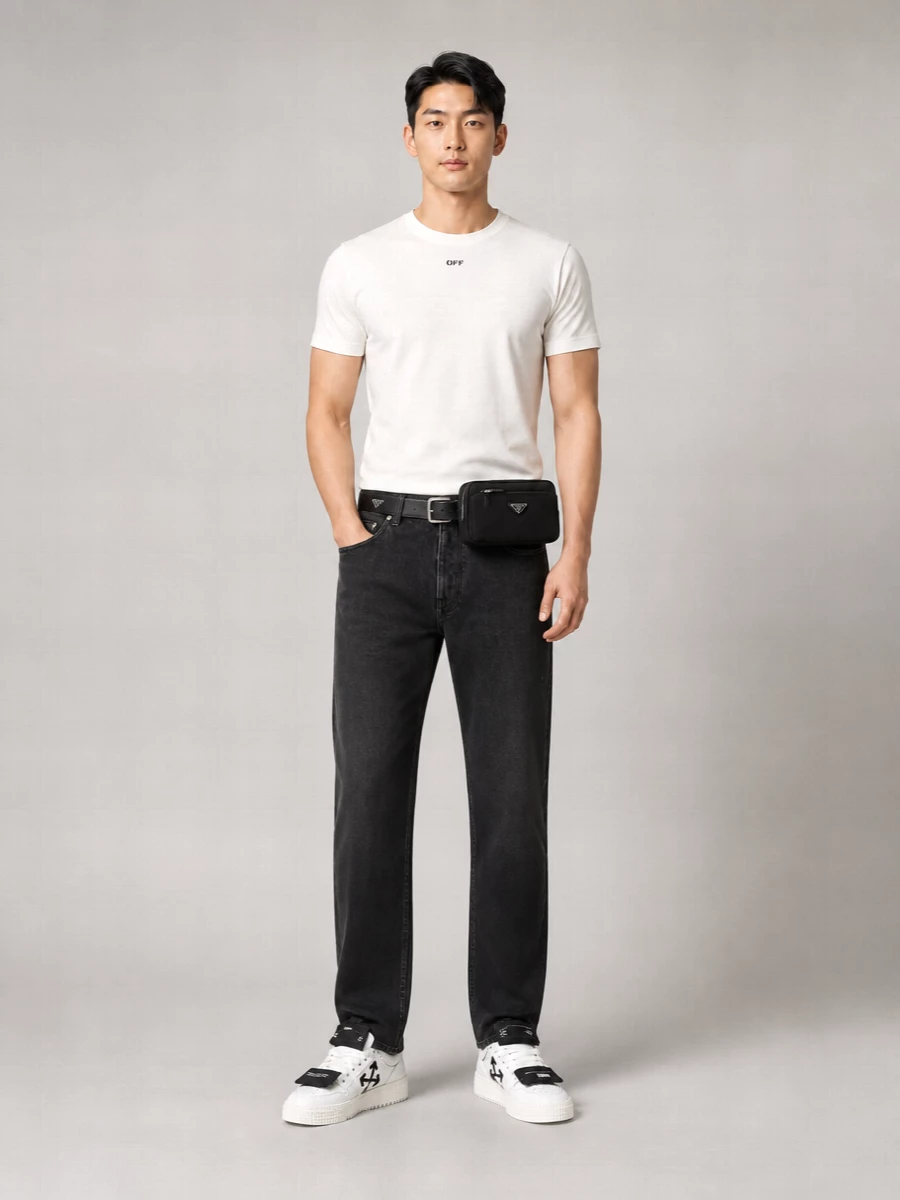 Off-White Ribbed Crew Neck Slim Fit Cotton T Shirt