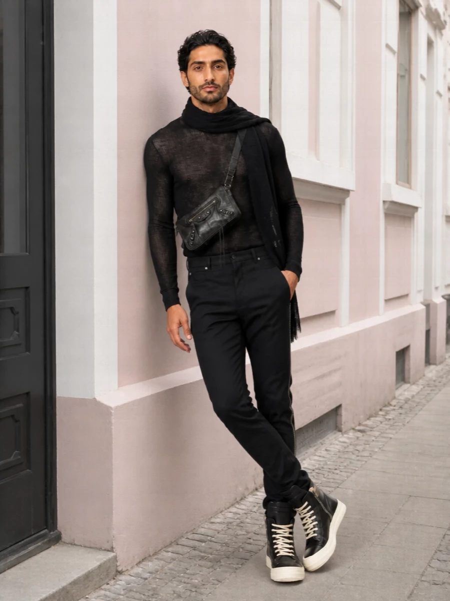 Rick owens black denim high top outfit