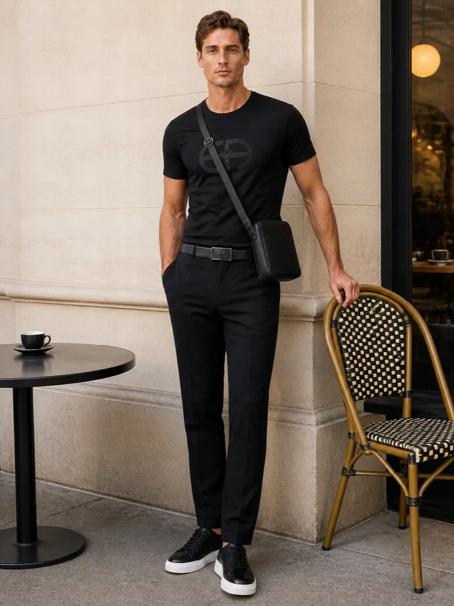 A monochrome city uniform built around the black Armani tee, these straight-leg trousers sharpen the line without killing its streetwear ease. Grained black leather sneakers with a white sole keep everything grounded yet refined, and the slim crossbody plus logo belt quietly echo the branding without shouting. It is a clean, modern mix for days when you want comfort to read considered rather than casual.