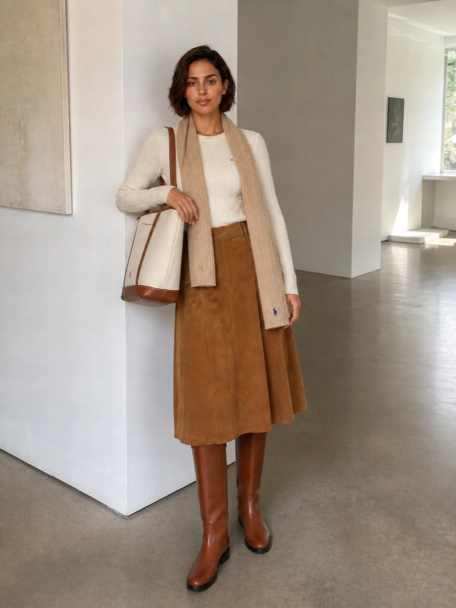 Tommy hilfiger cream sweater camel midi outfit