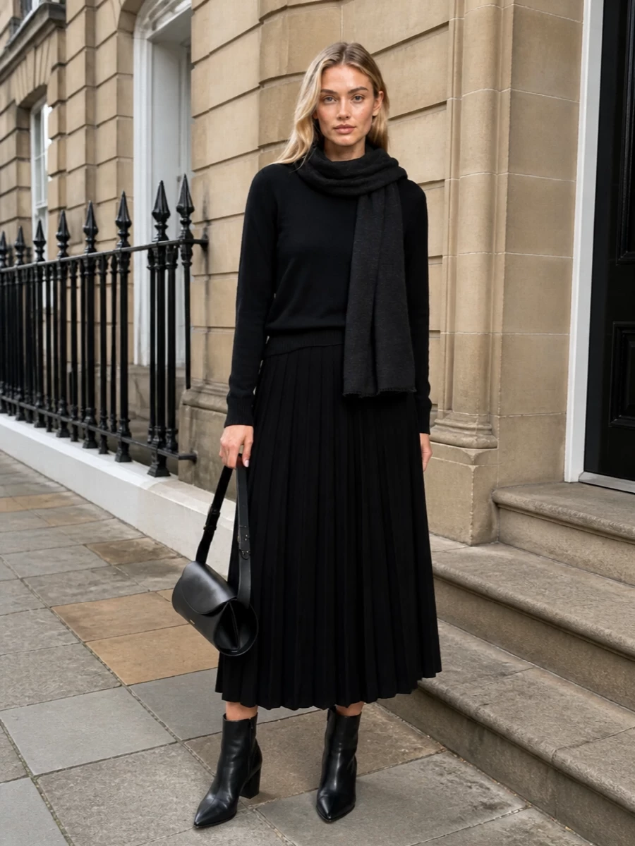 Lisa yang black knit skirt ankle boots outfit