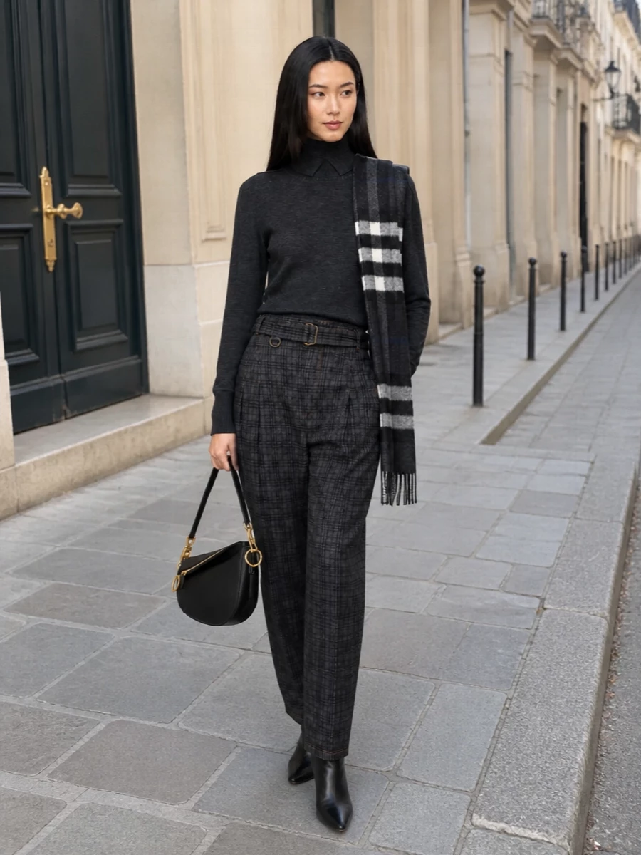 This look pairs the charcoal Burberry turtleneck with softly pleated checked trousers for a composed, tonal take on tailored FW dressing. Sleek black stiletto ankle boots and a sculpted crescent shoulder bag sharpen the silhouette, while the charcoal check scarf adds a discreet heritage layer that keeps the outfit quietly luxurious and city-ready from day to dinner.