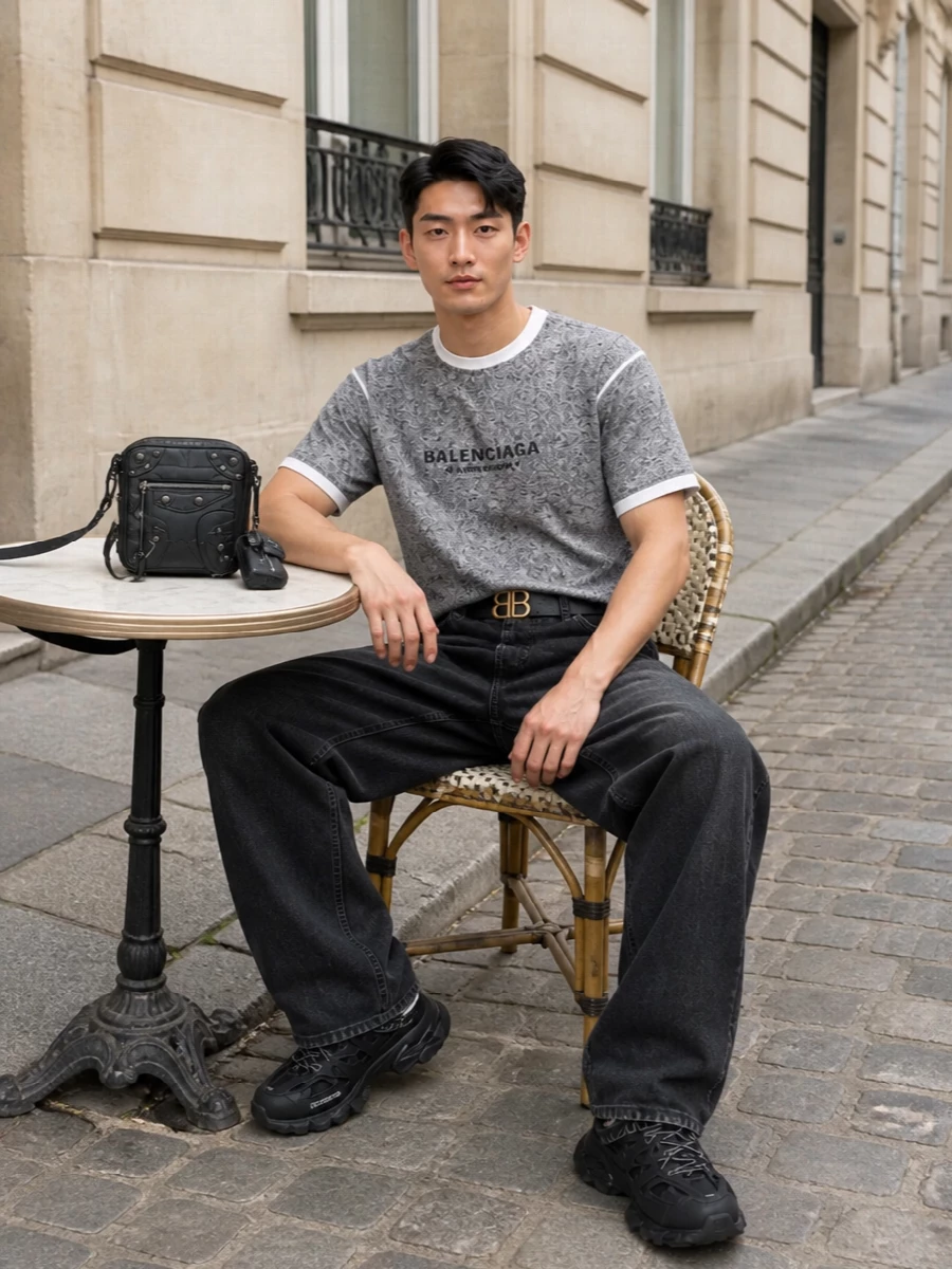 Balenciaga grey logo tshirt black jeans outfit