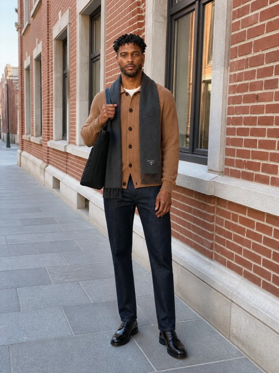 Prada camel cardigan dark jeans black derbies