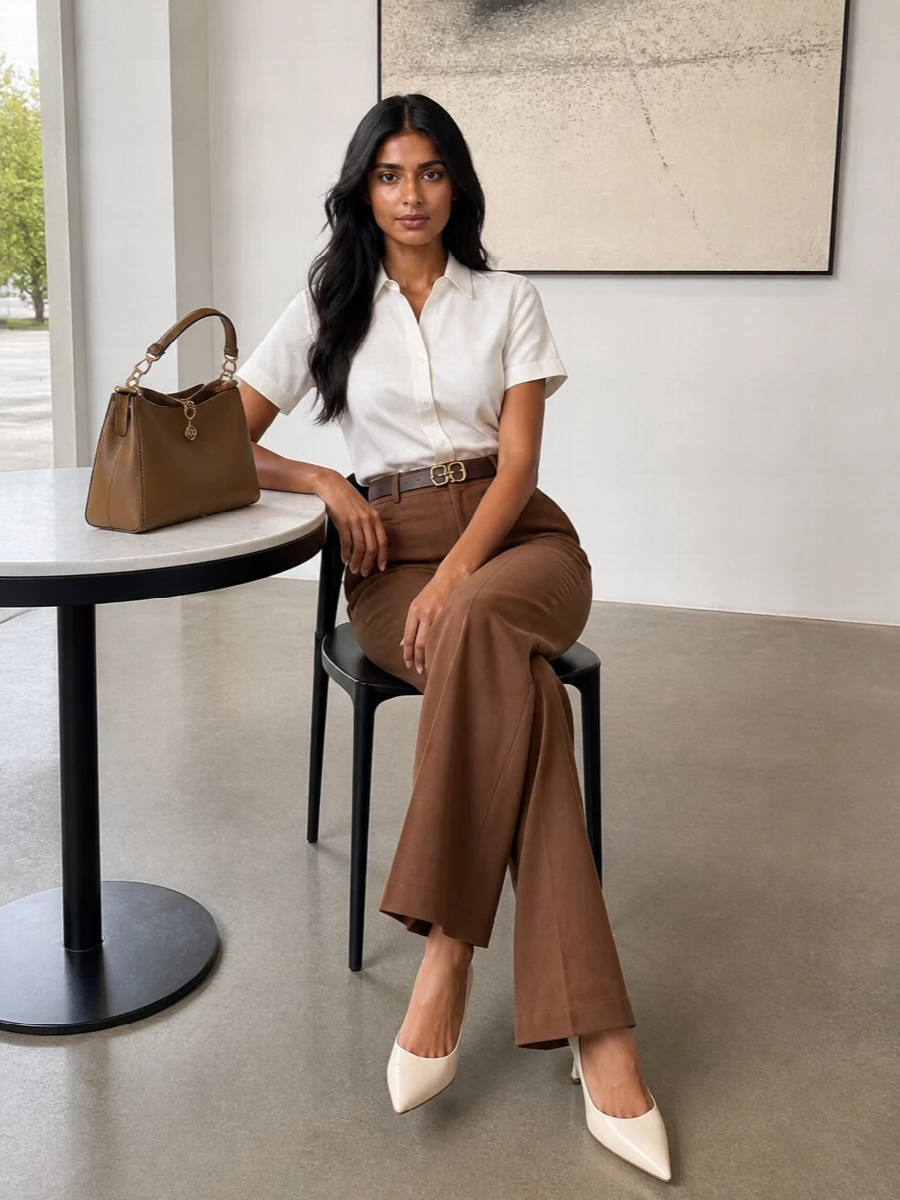 Alberta ferretti cognac trousers white shirt outfit