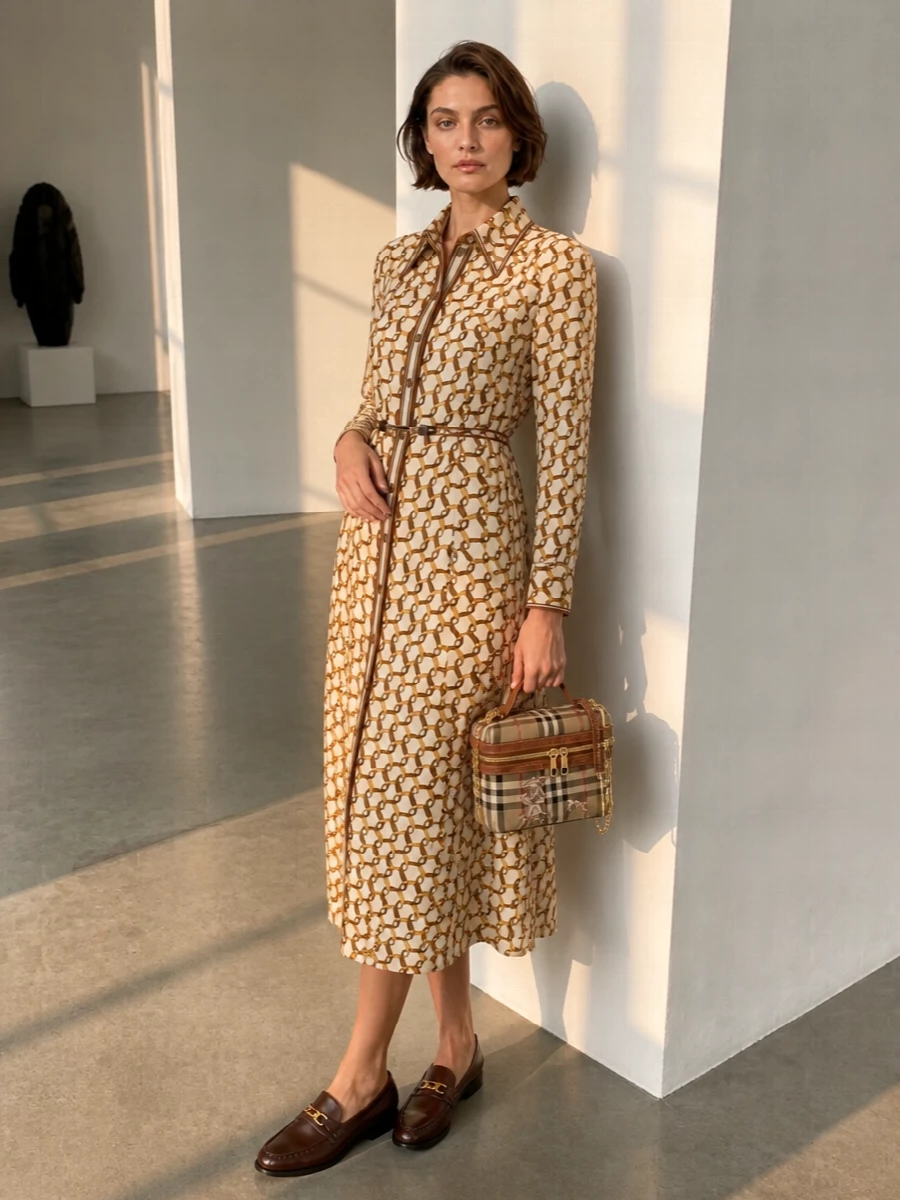 This outfit leans into the bag’s equestrian heritage with the Zimmermann chain-print shirt dress, keeping everything in a warm spectrum of camel, saddle brown and soft espresso. The midi length and belted waist give a clean, tailored line, while the Celine moc loafers ground it in polished, walkable ease for city days that run into dinner. I chose the dress route over tailoring because one statement print dress harmonised with the bag feels more coherent and modern than adding a separate blazer-and-bottom combination against such a distinctive accessory.
