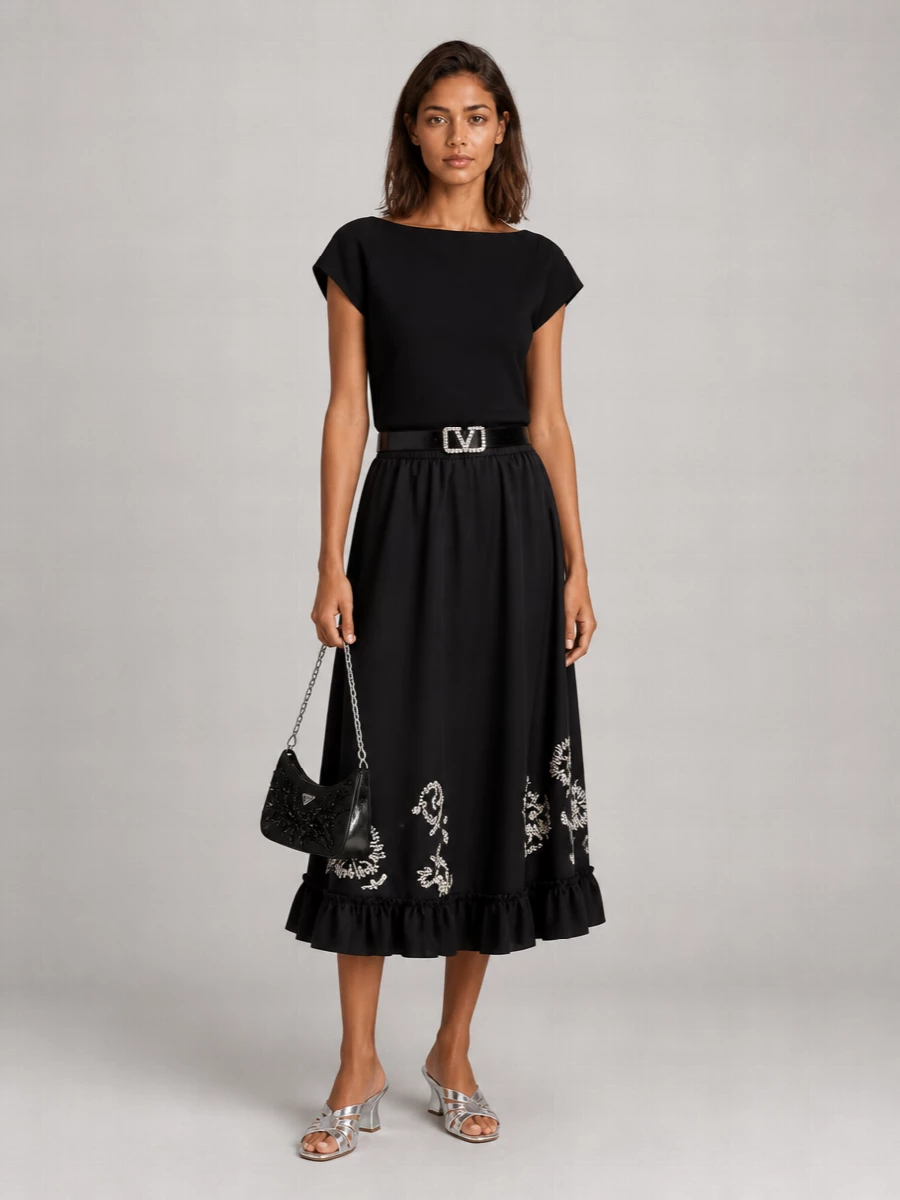 Dries Van Noten Rhinestone Ruffled Midi A-Line Skirt