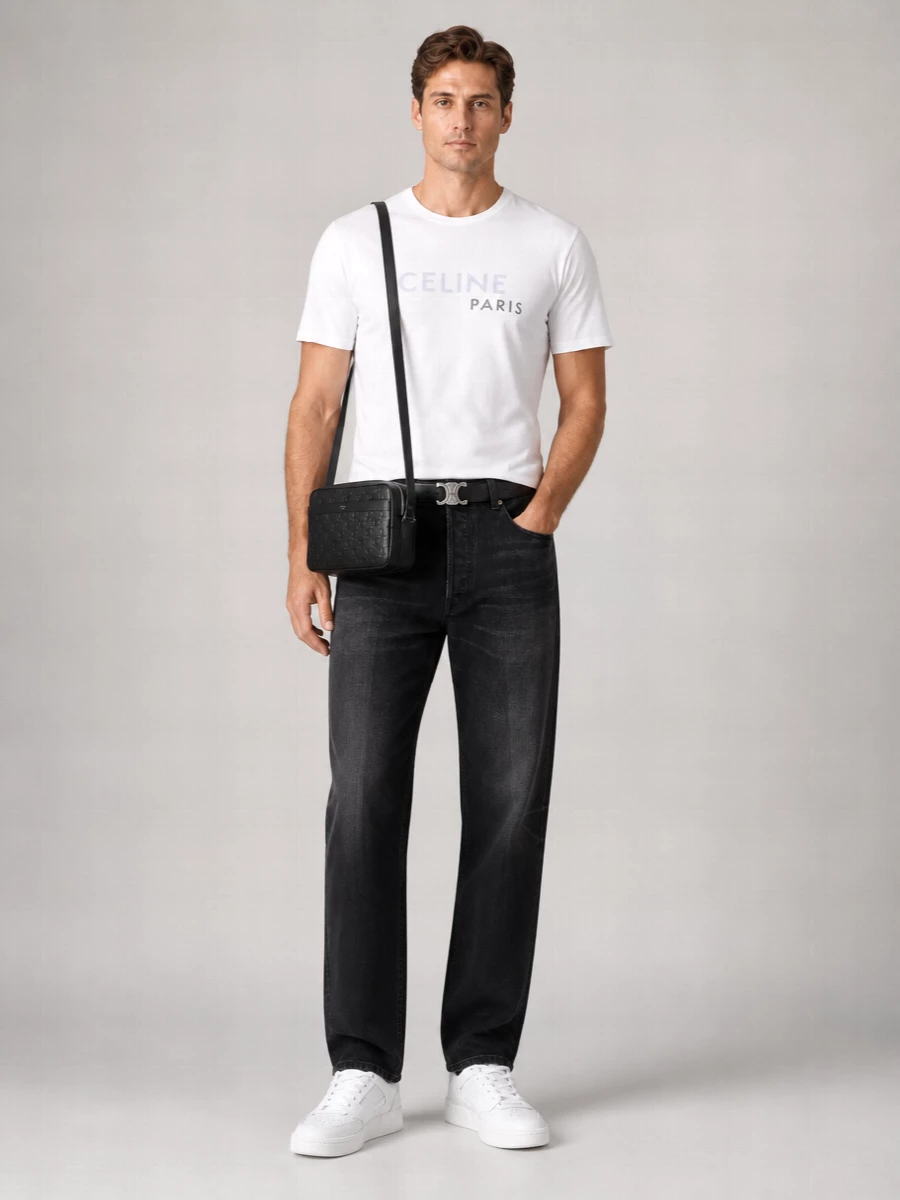 Celine Cotton Logo Print Loose Fit Double Layer T-Shirt