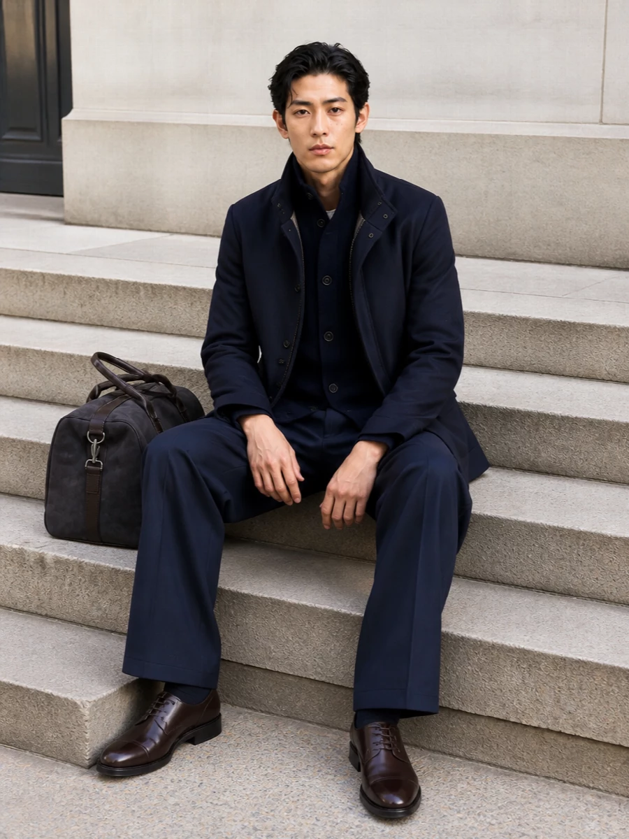 Lardini navy field jacket pleated trousers outfit