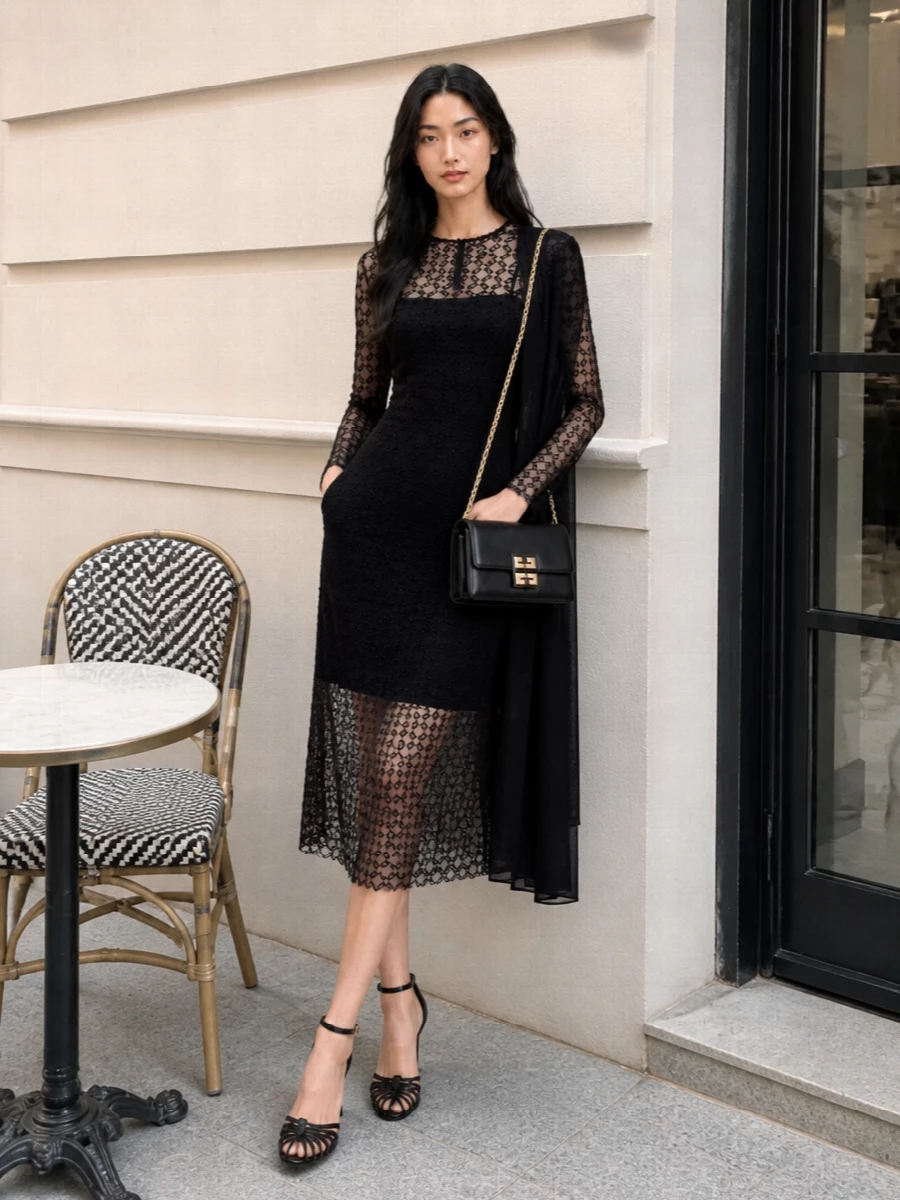 A study in controlled transparency, this outfit keeps everything in a strict black palette so the geometric sheer dress can do all the talking. Glossy ankle-strap stilettos and a structured 4G flap bag bring just enough shine, while the textures stay clean and architectural for late-night dinners or gallery openings. The result is sharp, sensual and quietly logo-driven, with every line working to lengthen and refine the silhouette.