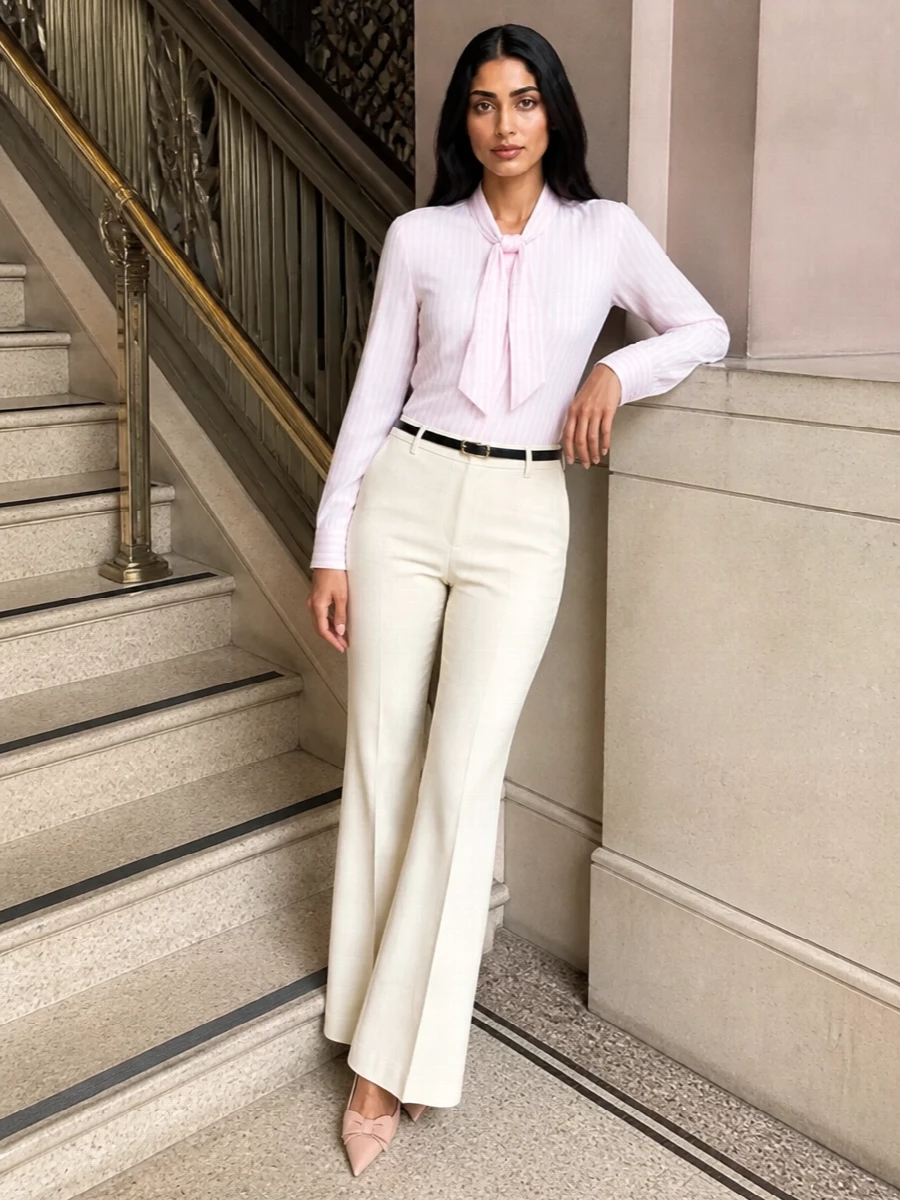 Givenchy pink blouse ivory flared trousers outfit