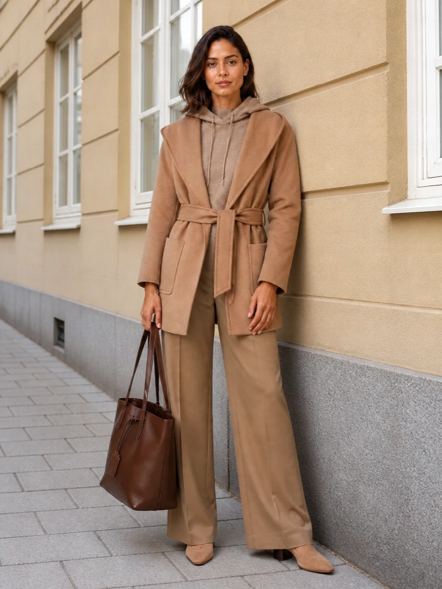 Max mara camel coat wide leg trousers outfit