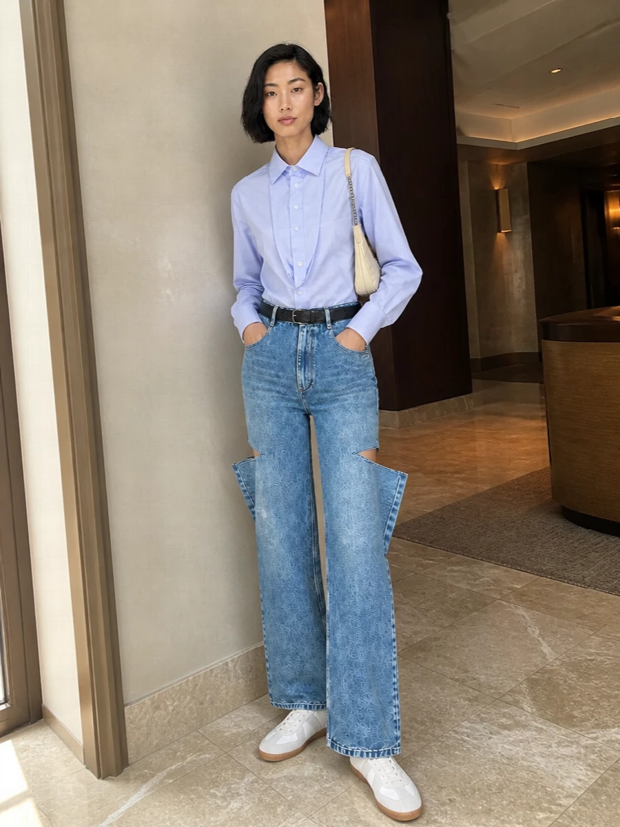 Maison margiela deconstructed jeans blue shirt outfit