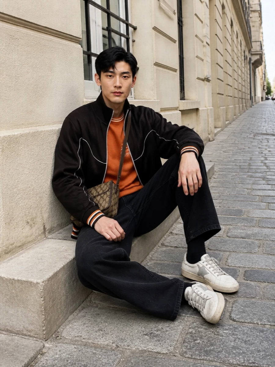 Golden goose track jacket black jeans outfit
