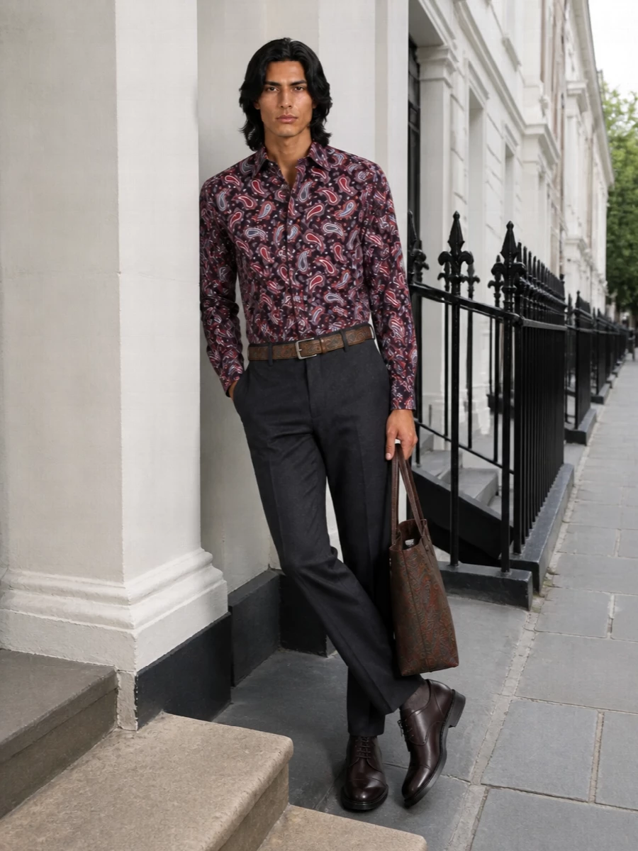 Etro paisley shirt charcoal trousers derbies