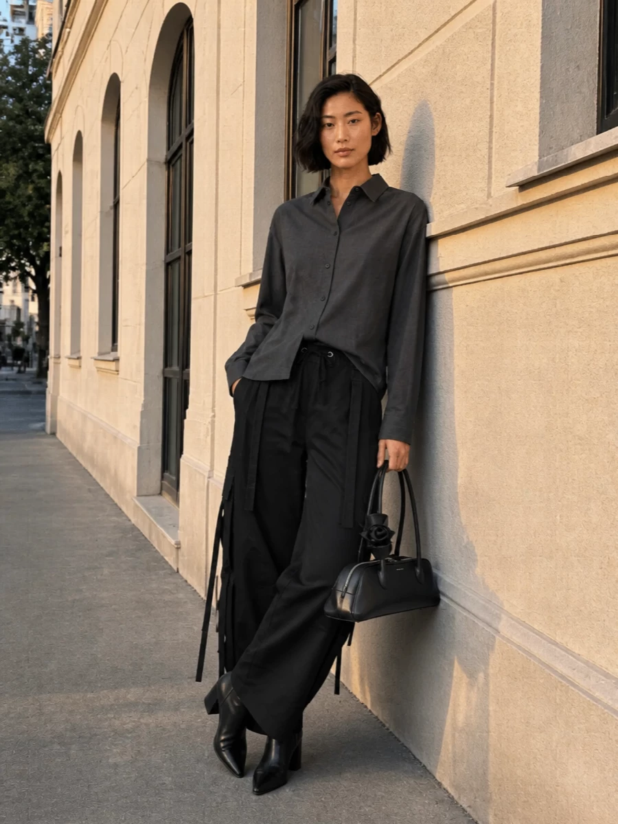 Black wide-leg cargos ground the outfit with a graphic, urban line, while the charcoal Jacquemus shirt keeps things pared back and quietly structured. Courrèges ankle boots refine the silhouette with a sharp heel and toe, and the Magda Butrym shoulder bag adds a discreetly polished finish that still feels off-duty enough for city days. The result is a monochrome, minimalist take on utility that reads considered rather than loud.