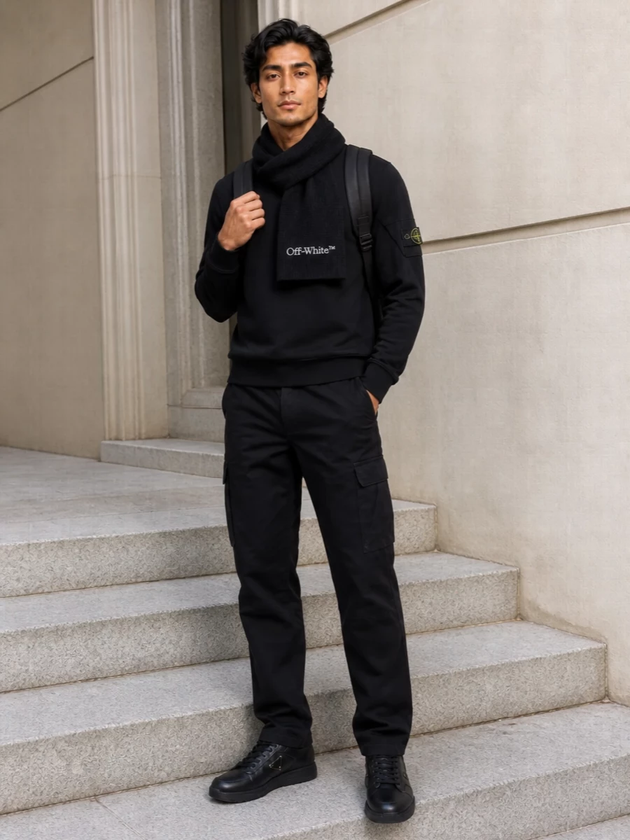 Stone island cargo prada black sneakers outfit