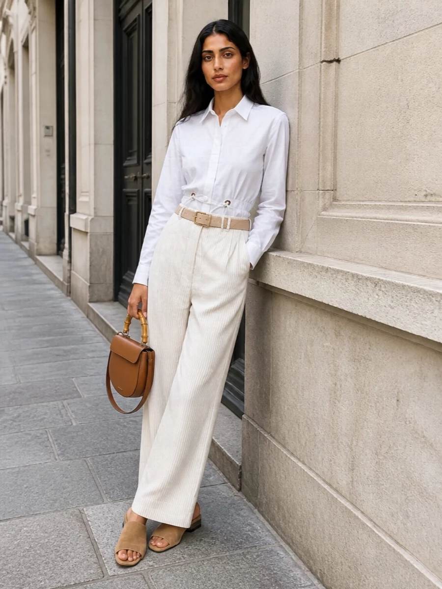 This look leans into a sunlit, minimalist tailoring story: high-waisted ivory pinstripe trousers paired with a crisp, cinched white shirt create a clean, elongated silhouette that feels effortless yet precise. Camel-taupe suede slides and a caramel structured bag warm up the neutrals, while a nude belt quietly sharpens the waist for an elegant, quietly luxurious SS ensemble that moves easily from city lunch to relaxed office days.