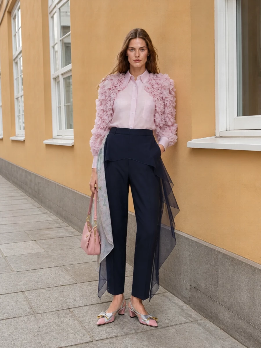 A sheer, ruffled Comme des Garçons shirt is grounded by Lanvin’s high-waisted navy trouser with its liquid overlay, creating a romantic yet sharply tailored silhouette. Dusty-pink Valentino slingbacks and a structured Prada baguette keep the palette soft and cohesive while respecting the directional lines. A gauzy Margiela scarf finishes the outfit with a light, painterly touch that feels intimate rather than styled.