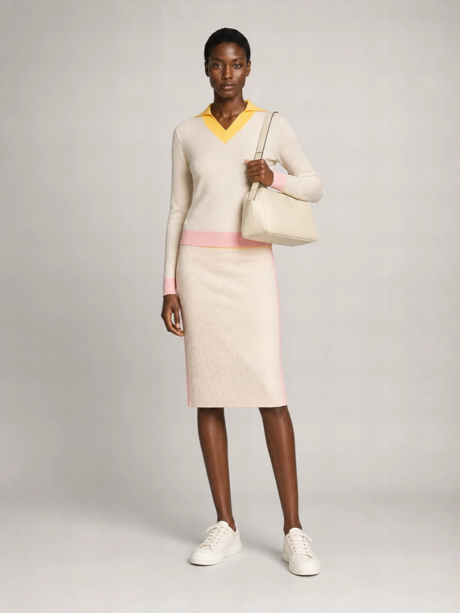 Fendi Silk Blend Ribbed V-Neck Long-Sleeve Sweater