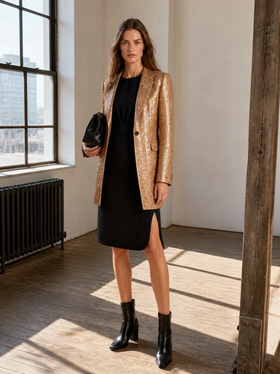 I chose the dress route so the gold brocade blazer can sit over a single, sculpted black base rather than clash with another tailored jacket. The black belted sheath, pointed ankle boots and glossy clutch create a long, graphic column under the coat, letting the lilac-gold pattern read as opulent and intentional rather than busy. It is a quietly dramatic evening ensemble that feels modern, precise and very Dries in its balance of shine and restraint.