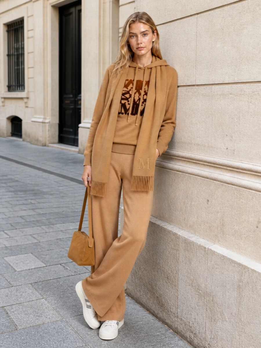 Max mara camel hoodie wide leg trousers outfit
