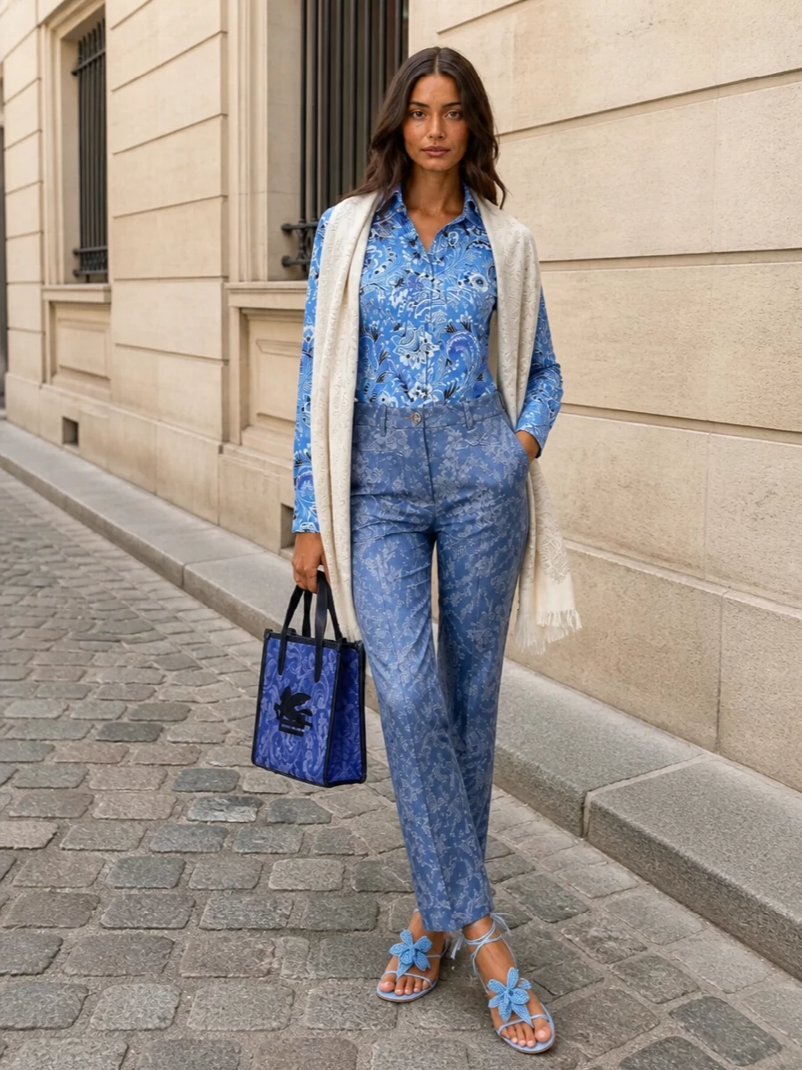 Cornflower tailoring with a sky-blue shirt and tonal jacquard trouser creates a clean, elongated line that feels polished yet soft. Powder-blue ankle-tie flats keep the mood romantic and relaxed, grounding the color story without heaviness. A structured blue tote and whisper-light neutral stole add just enough structure and texture to keep the paisley feeling curated rather than busy.