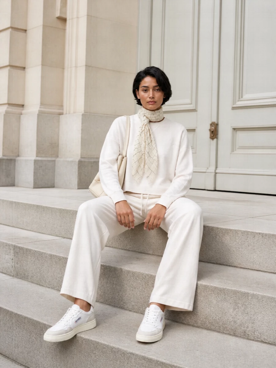 A cream-on-cream Autry set and matching sneakers create a soft, uninterrupted line that feels relaxed but intentional. The elongated cream tote and graphic scarf add just enough structure and detail to take this from sofa to coffee run without changing out of your loungewear. It is a minimal, sport-leaning ensemble built for travel days, errands and slow weekends in the city.