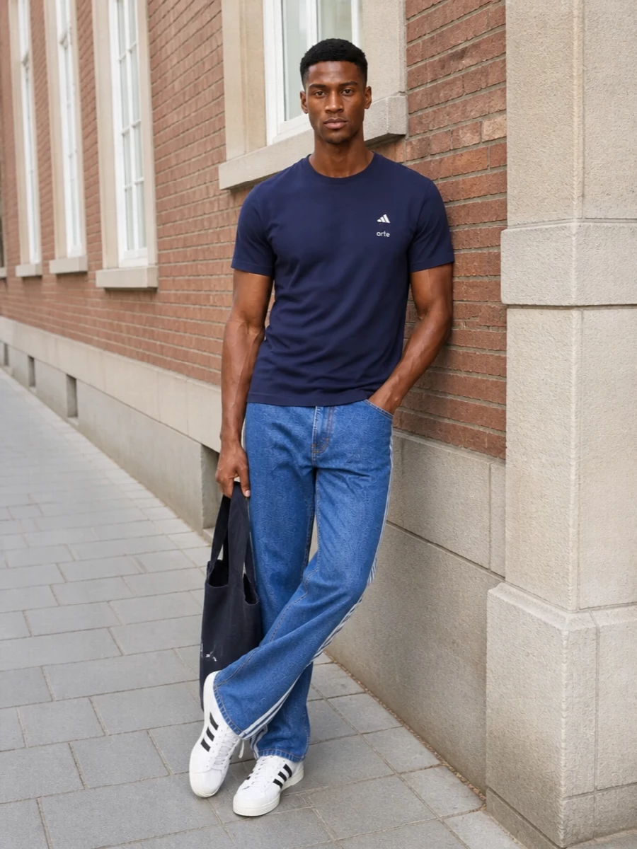 Adidas striped jeans white court sneakers outfit