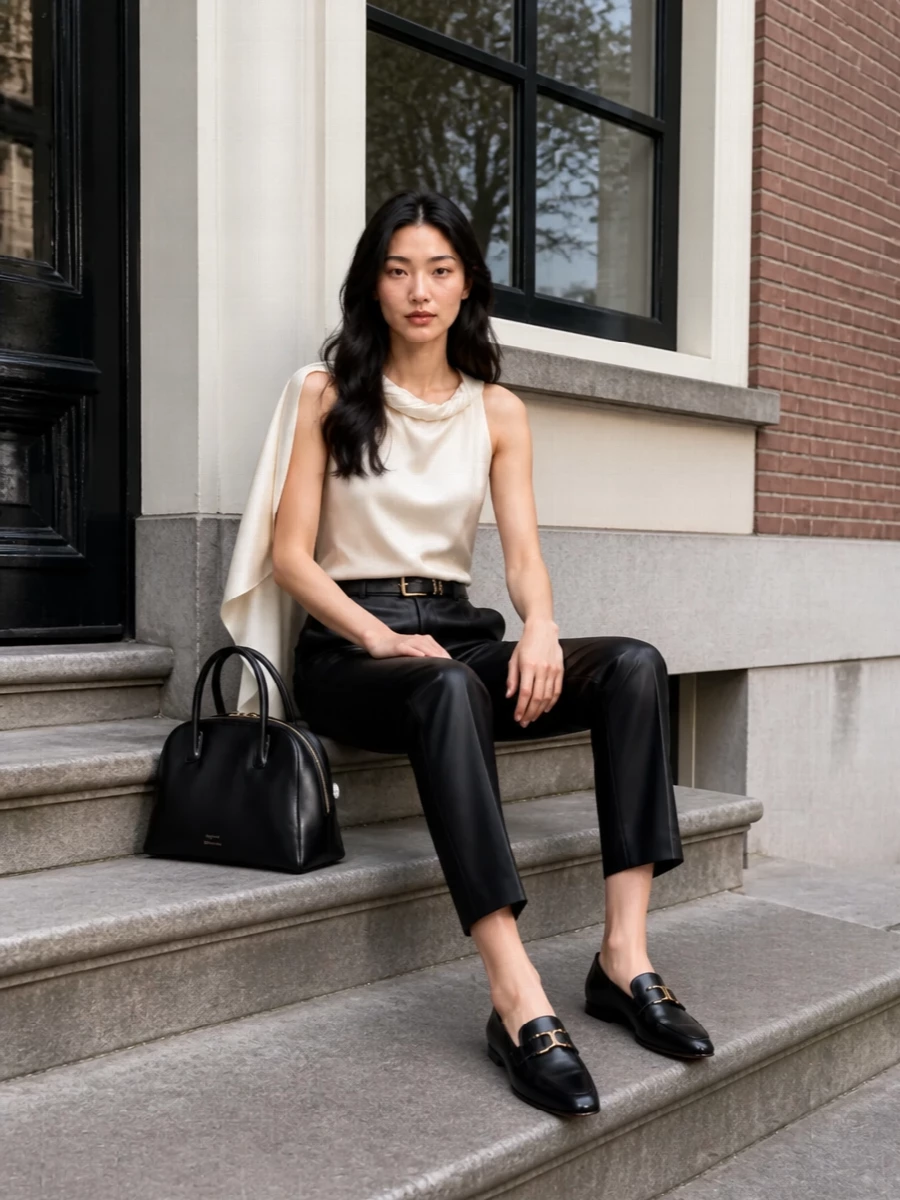 Black straight-leg trousers are cut with a crisp, liquid line and grounded by a sharp pointed loafer for a clean, modern stance. An asymmetric ivory satin top brings soft drama and light to the palette, while a structured black leather bag and slim belt keep the finish precise and quietly polished. The result is a pared-back monochrome pairing that moves easily from gallery afternoons to late dinners without ever feeling overworked.