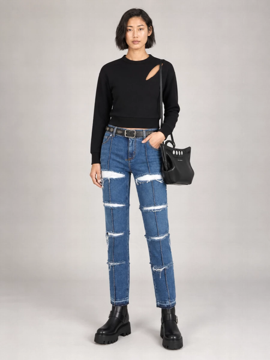 Alexander Mcqueen Denim Straight-Leg Cutout Trousers