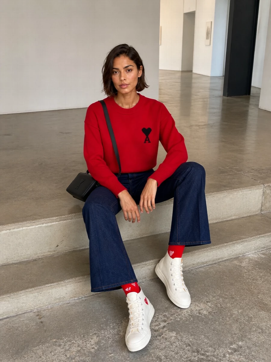 Ami paris red sweater flared jeans outfit
