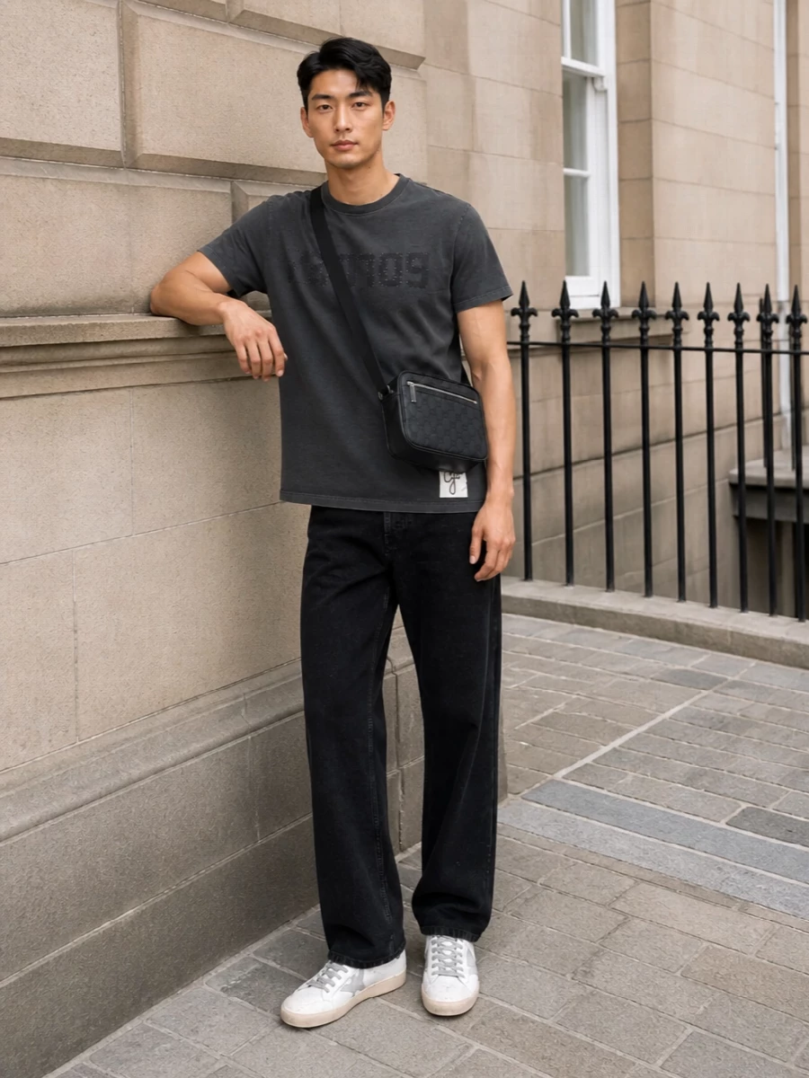 Golden goose charcoal tee black jeans sneakers