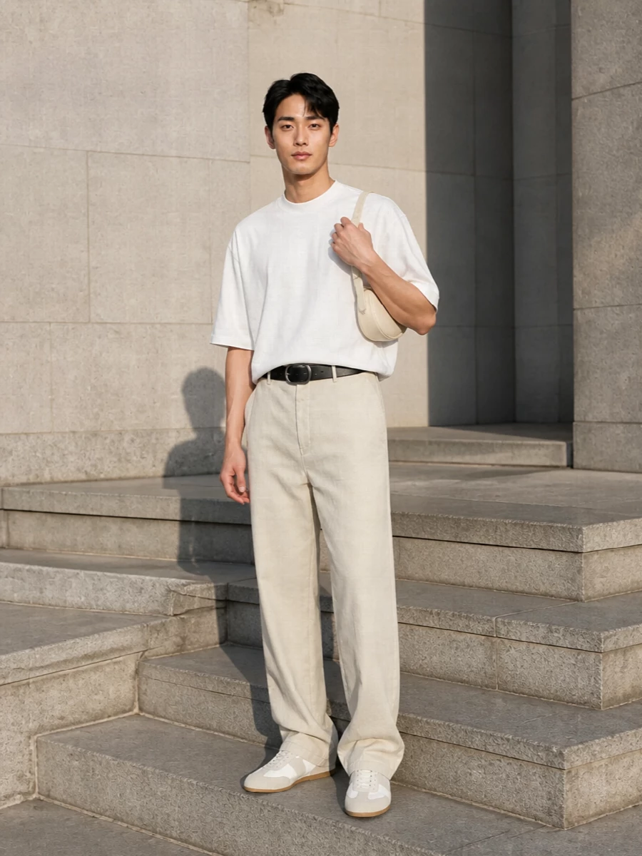 Soft neutrals keep this pairing calm and precise, with the oversized white tee skimming over relaxed sand trousers for an easy summer uniform. Off-white gum-sole sneakers keep it grounded but light, while a pale sculptural shoulder bag and a clean black belt add just enough structure to feel considered without losing the sense of ease.
