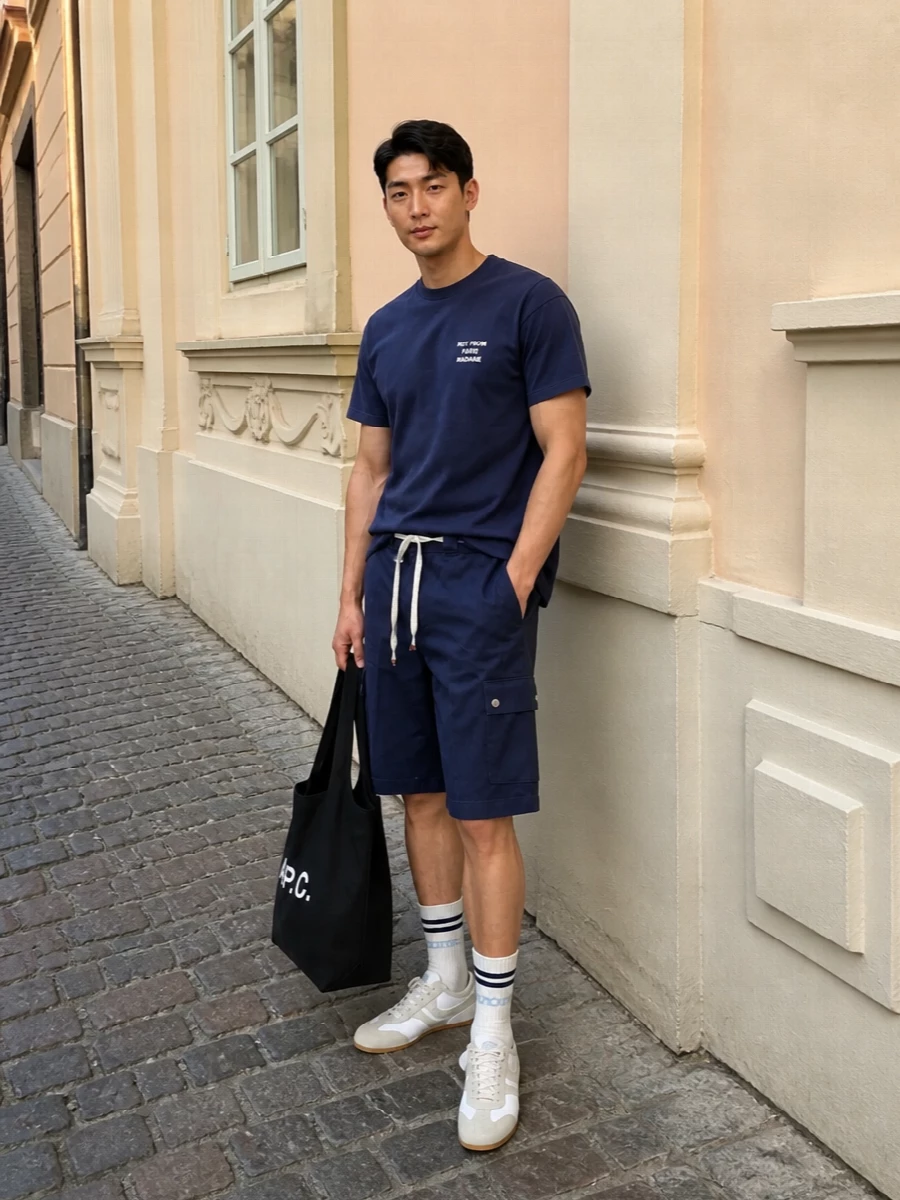 Navy up top with clean cargo shorts keeps this in that sweet spot between street and easy city day. Pale beige retro runners and striped socks finish it with a soft sport accent rather than loud branding. The black tote stays practical and low key so the slogan tee can do the talking.